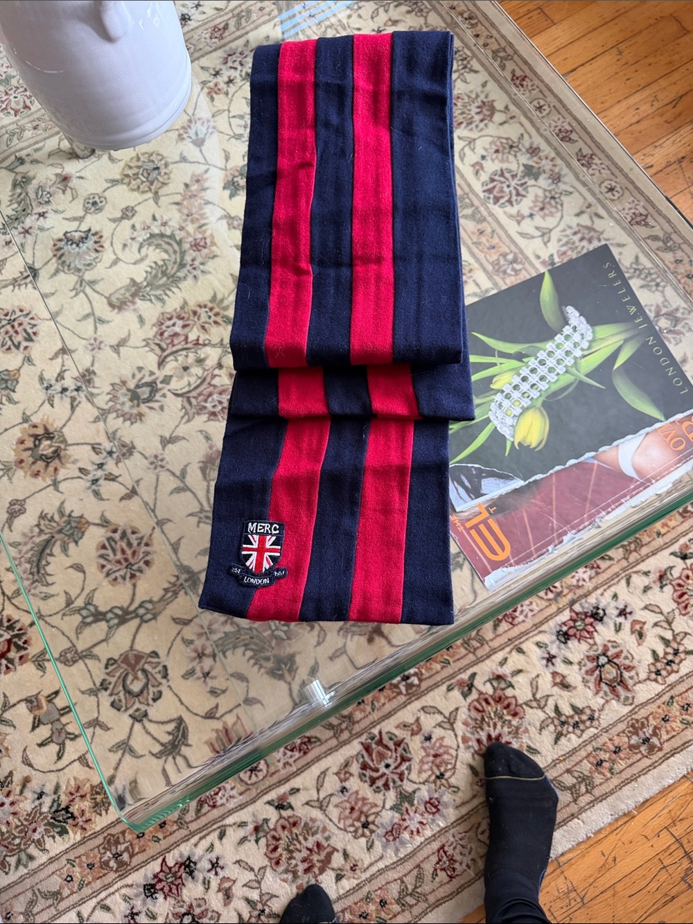 Navy and Red Striped Knit Scarf with Union Jack Patch